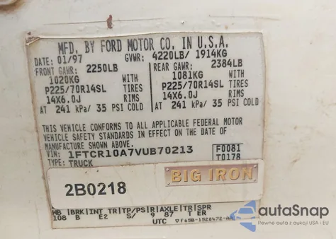 1997 Ford Ranger Splash/Xl/Xlt из США, поврежденный, VIN 1FTCR10A7VUB70213